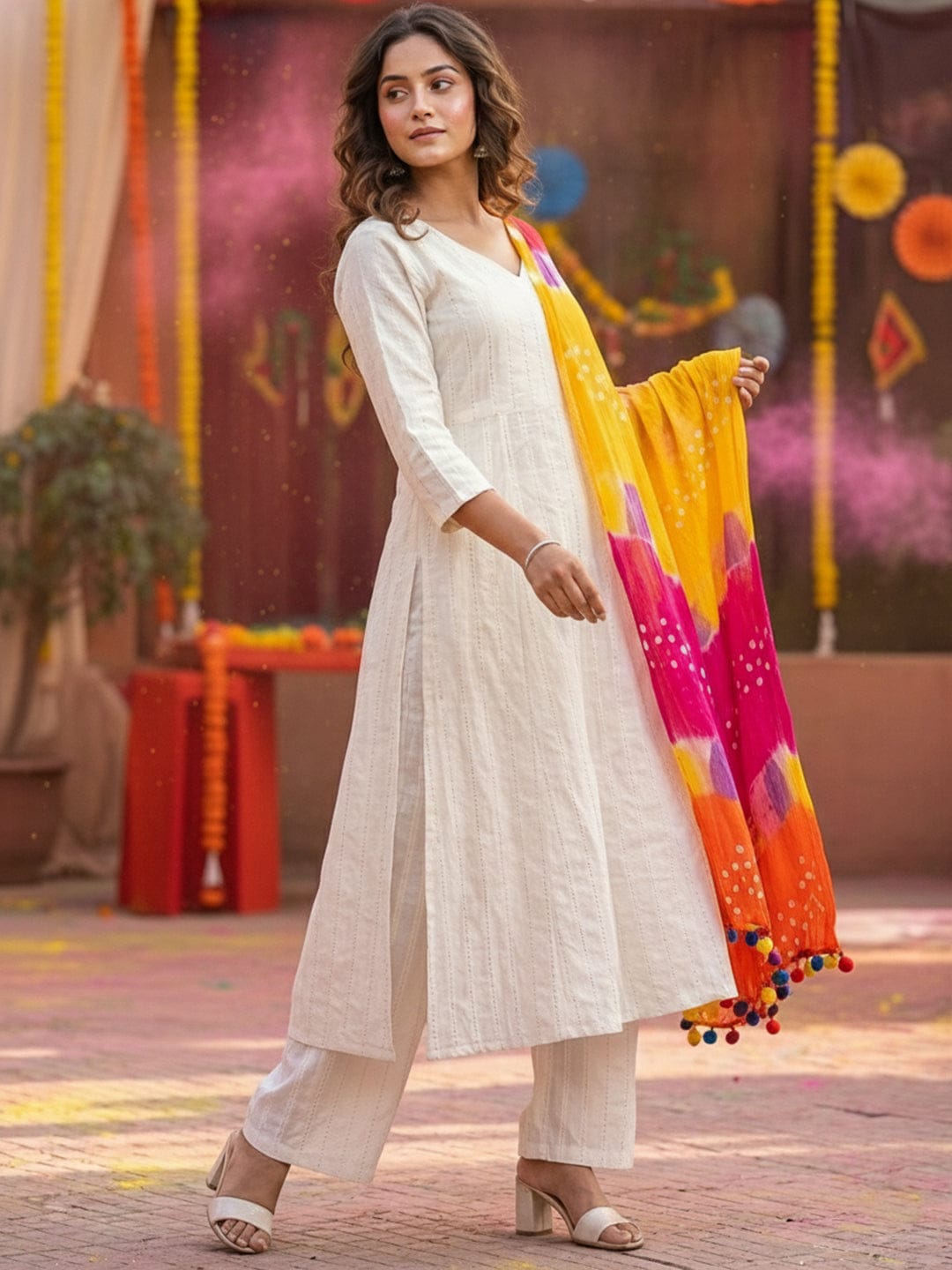 Women's Ivory A-Line Kurta with Vertical Stripes