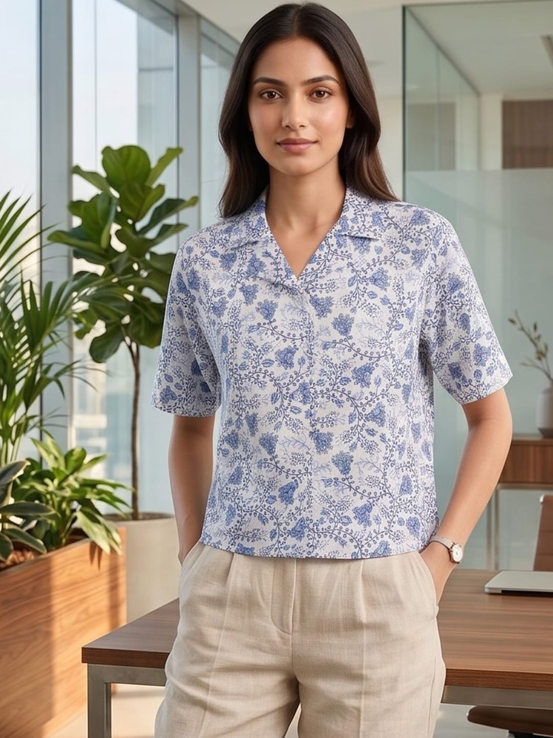 White Coloured Short Sleeves Shirt Collar Top