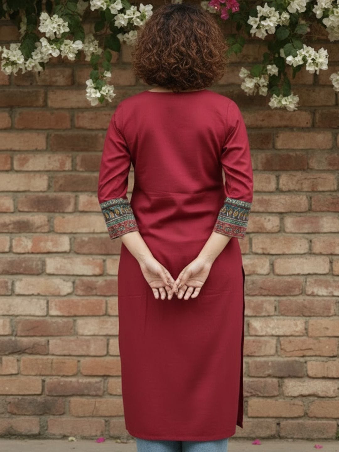 Deep Red Geometric Print A-Line Kurta
