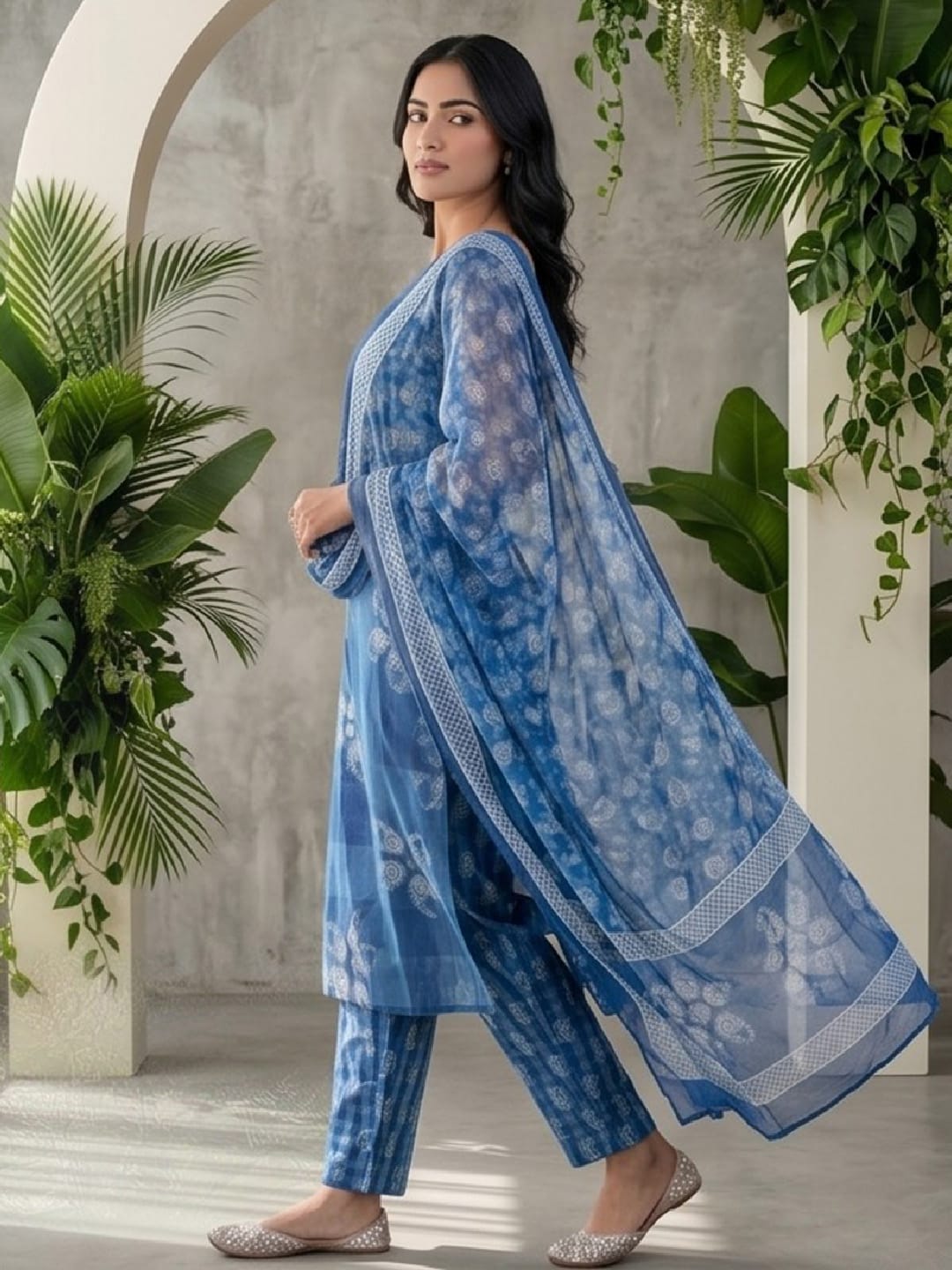 Abstract Cotton Sleeveless Kurta Set With Dupatta