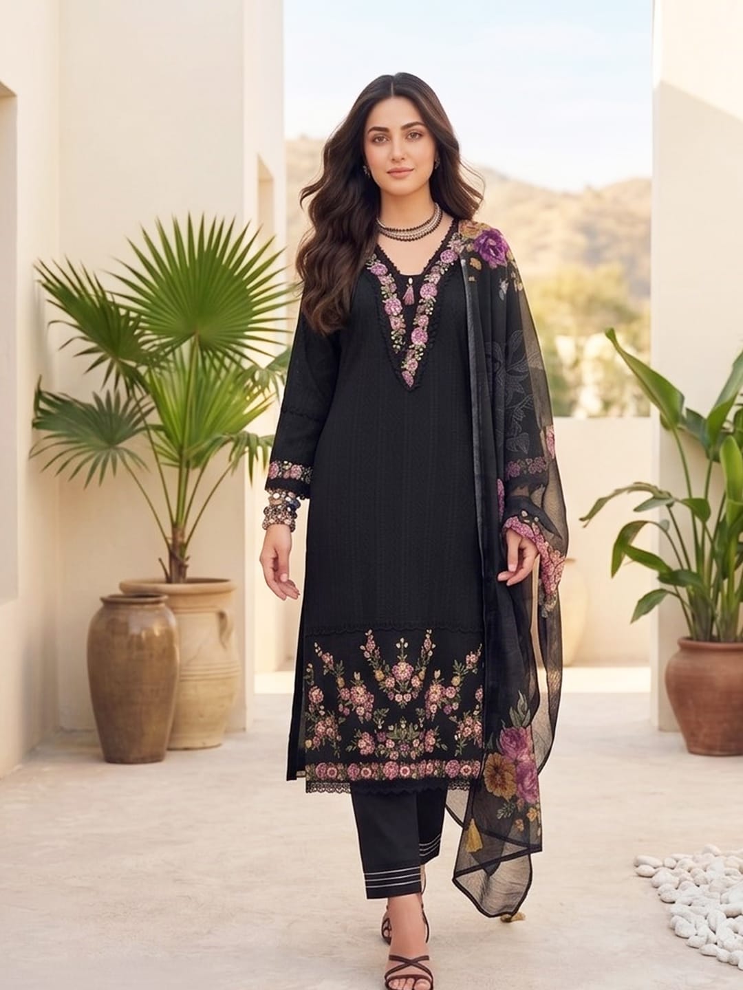The Kurti Collection Women Floral Motif Thread Embroidered & Orangza Lace Detailed Kurta With Trouser & Dupatta