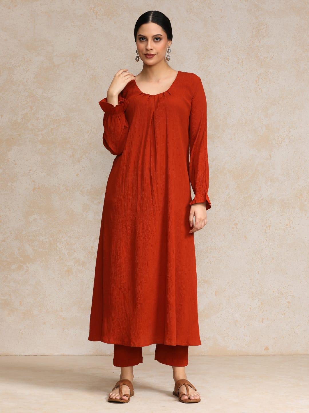 The Kurti Collection Women Rust Colour, Bishop Sleeve A-Line Kurta Paired With Tonal Bottom