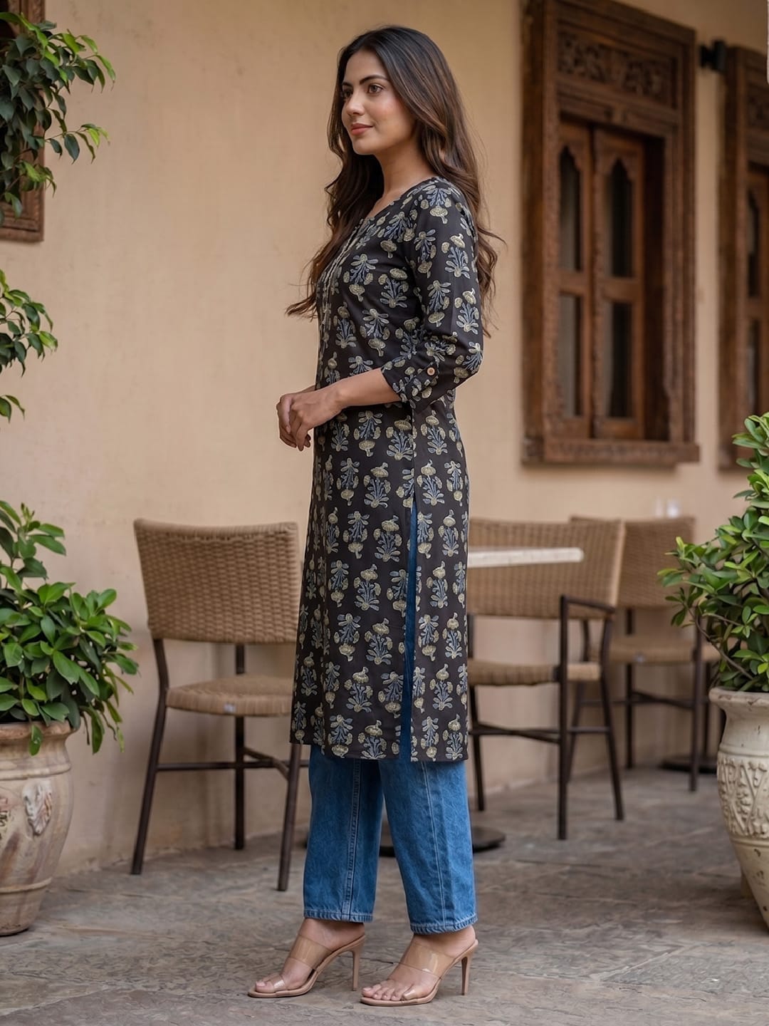 Women's Black Straight Printed Kurta