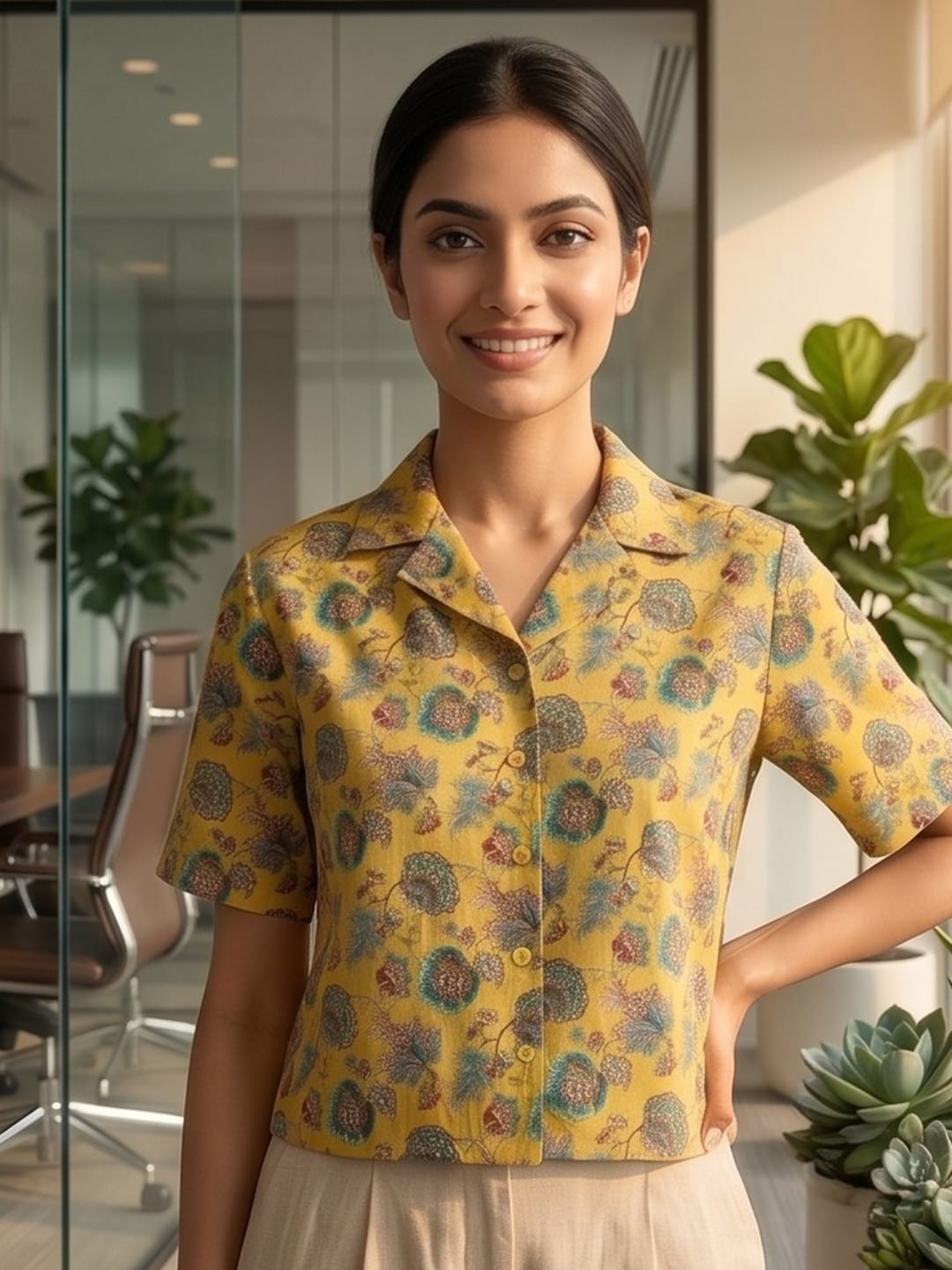 Mustard Coloured Short Sleeves Shirt Collar Top