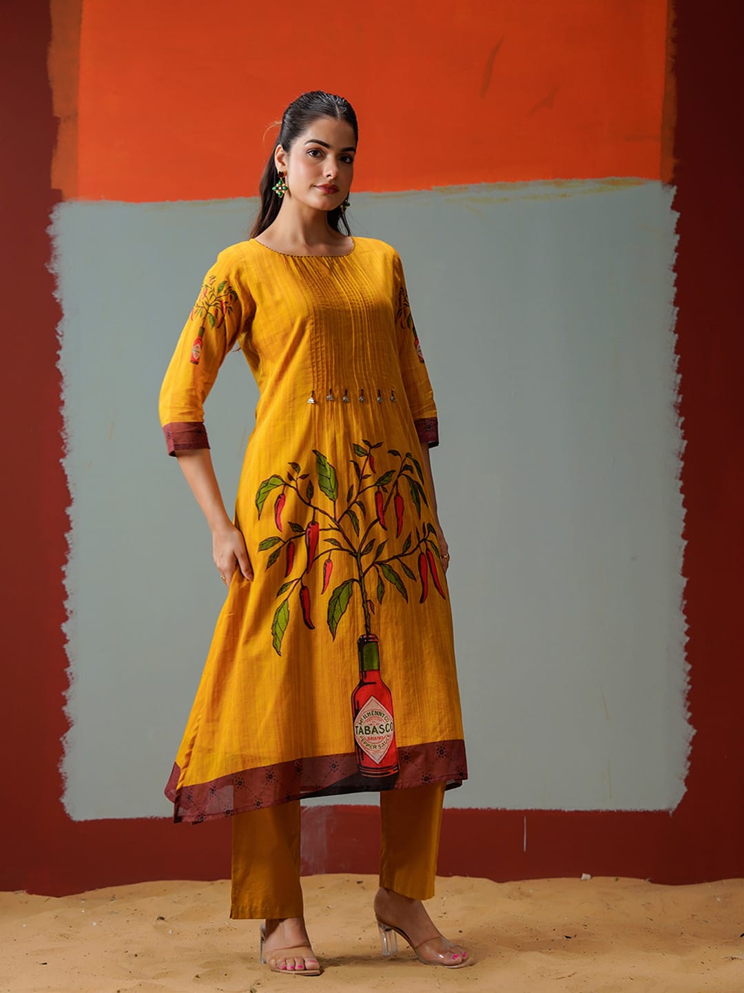 Mustard Yellow Floral Kurta with Trousers