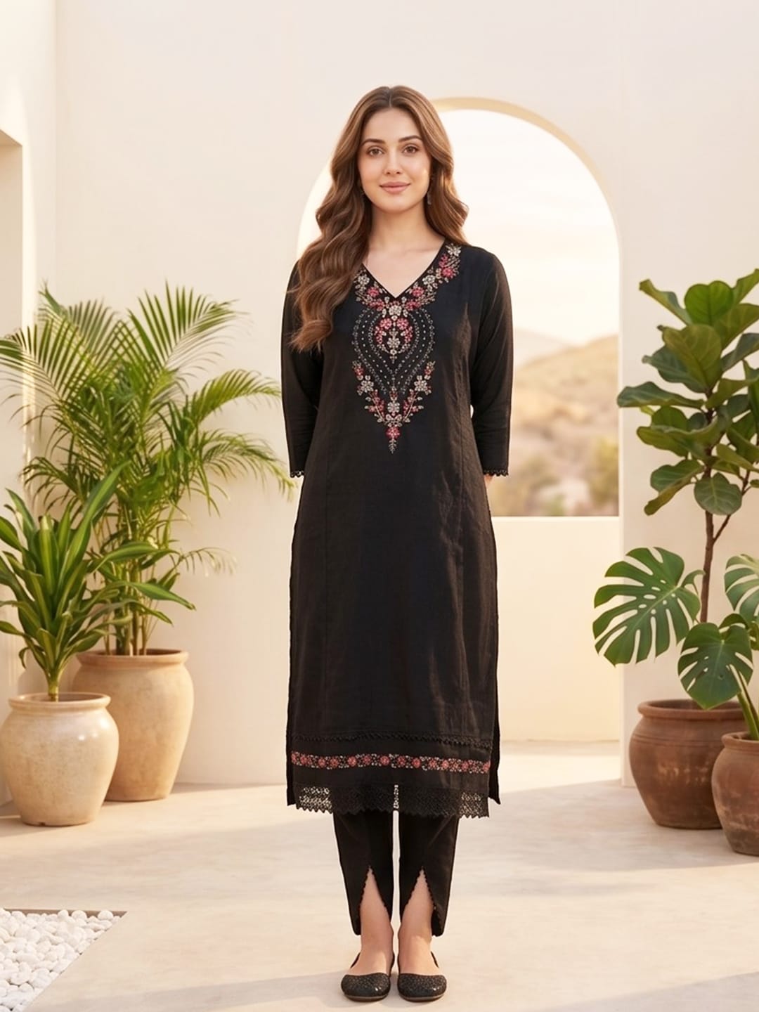The Kurti Collection Women Floral Motif Thread Embroidered Yoke Kurta with Trouser & Dupatta