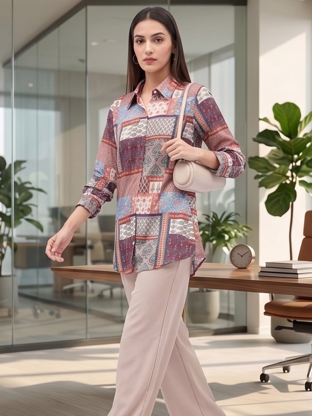 Multi Coloured Slim Collar Long Sleeves Colourblocked Shirt