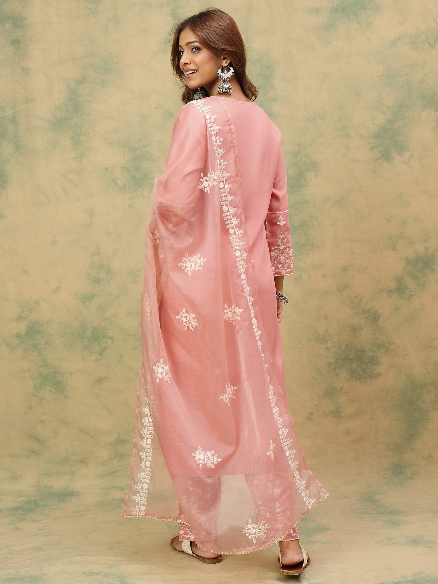 Varanga Women Mauve Embroidered Kurta Paired With Tonal Trouser And Dupatta