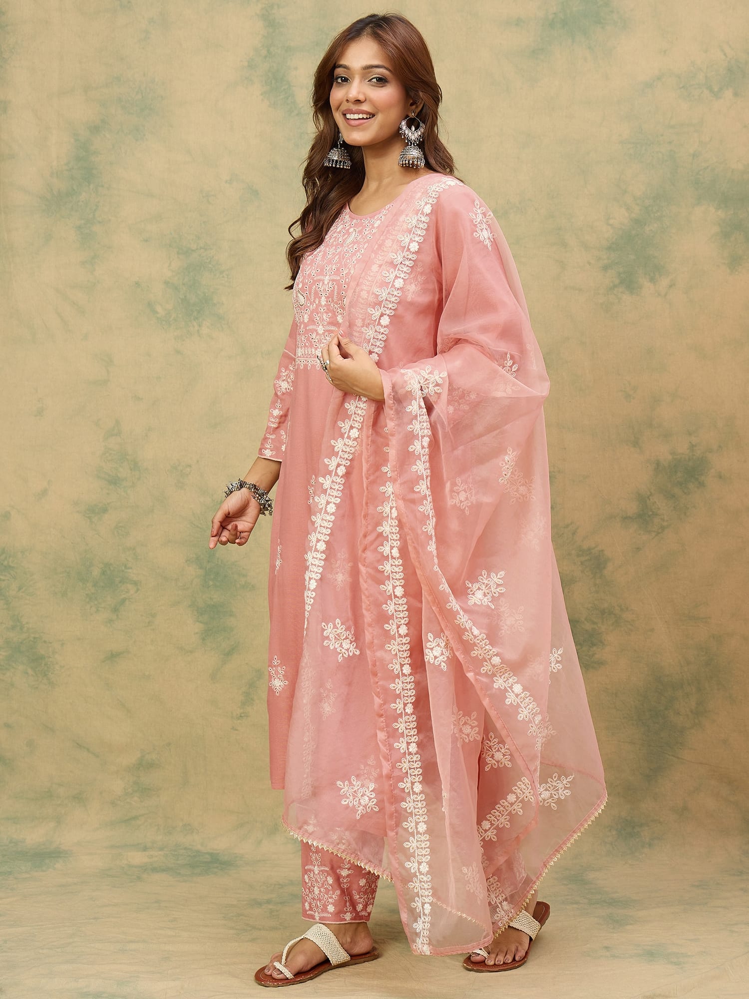 Varanga Women Mauve Embroidered Kurta Paired With Tonal Trouser And Dupatta