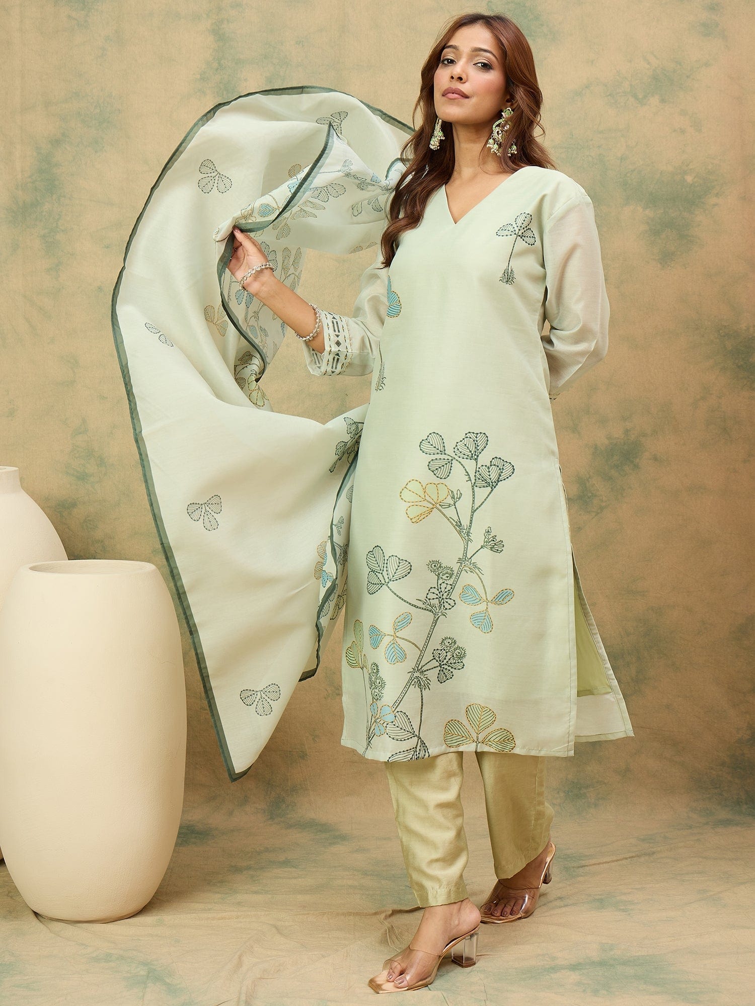 The Kurti Collection Women Olive Floral Printed Kurta Paired With Bottom And Dupatta