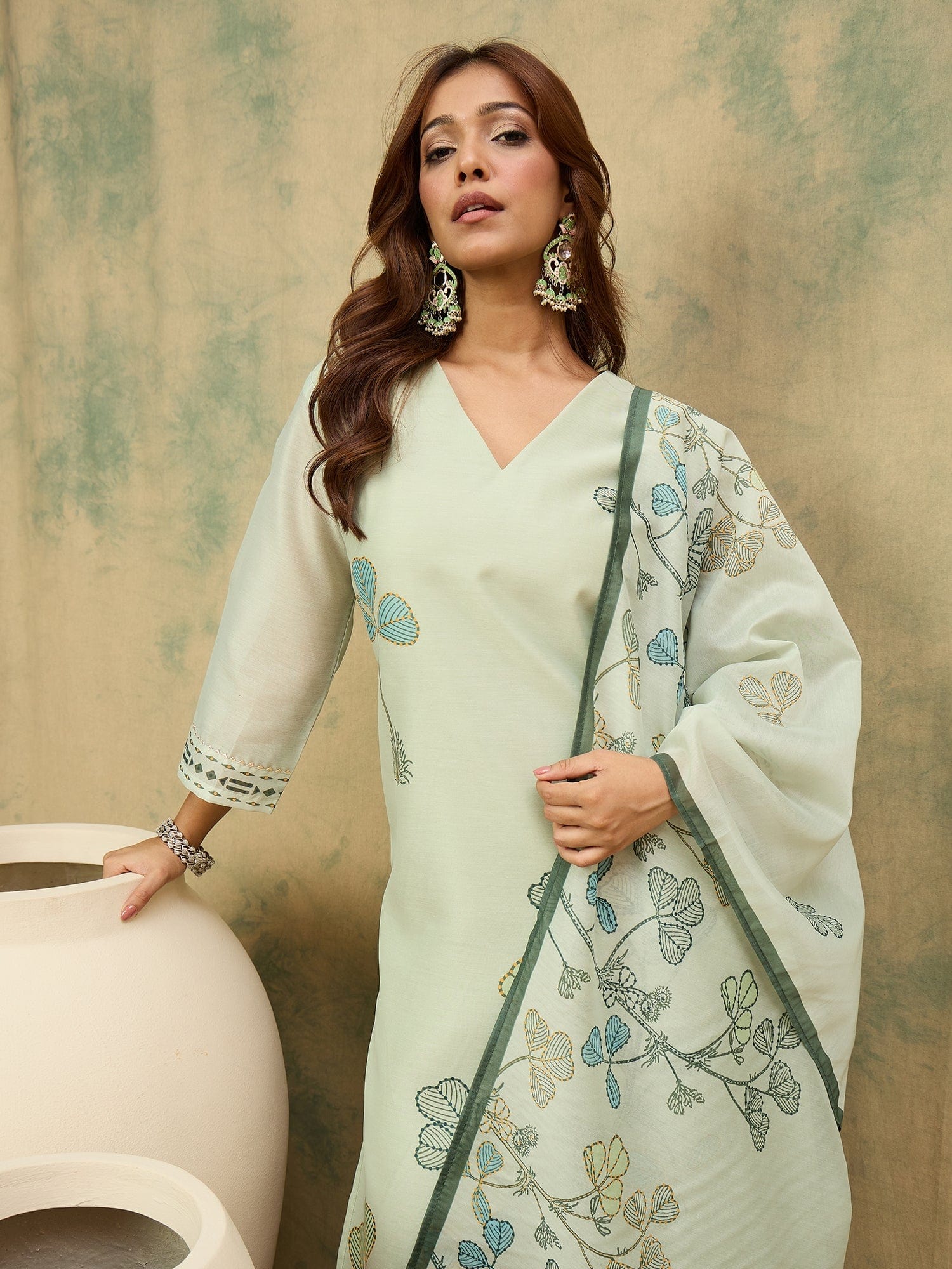 The Kurti Collection Women Olive Floral Printed Kurta Paired With Bottom And Dupatta