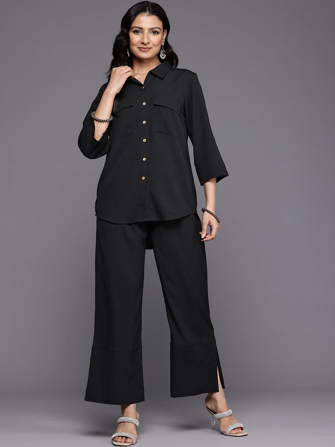 The Kurti Collection Women Black Crepe Shirt Collar Top And Bottom