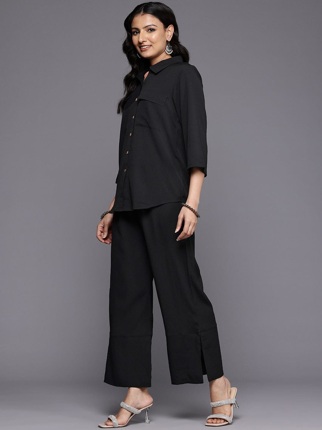 The Kurti Collection Women Black Crepe Shirt Collar Top And Bottom