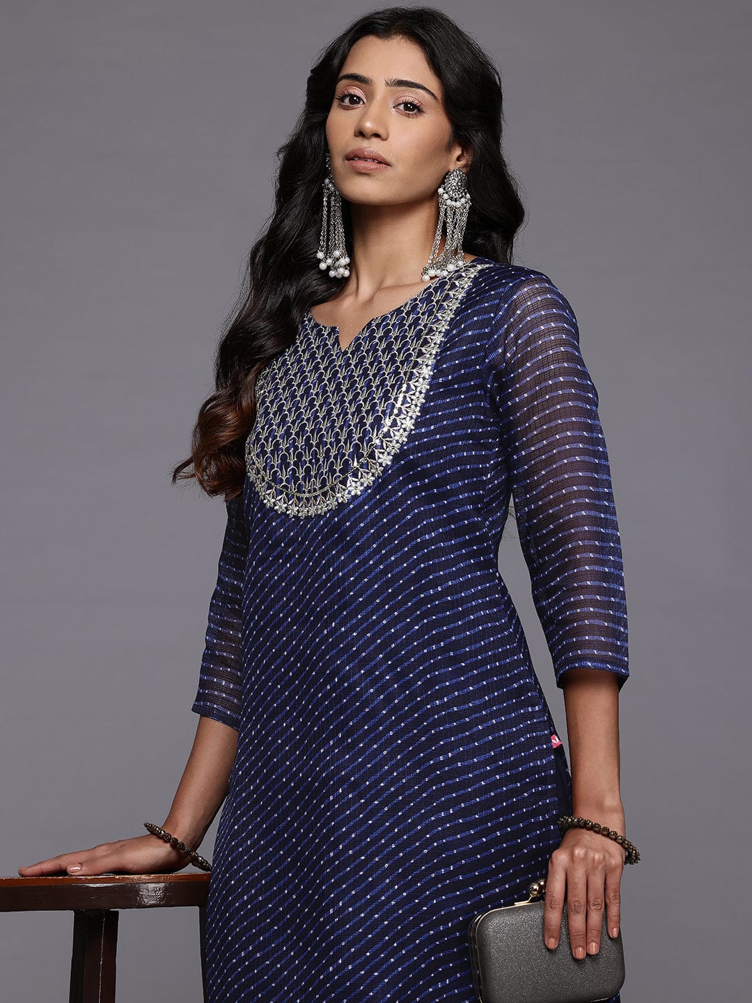The Kurti Collection Women Navy Blue Leheriya Printed Yoke Embroidered Straight Kurta With Trousers