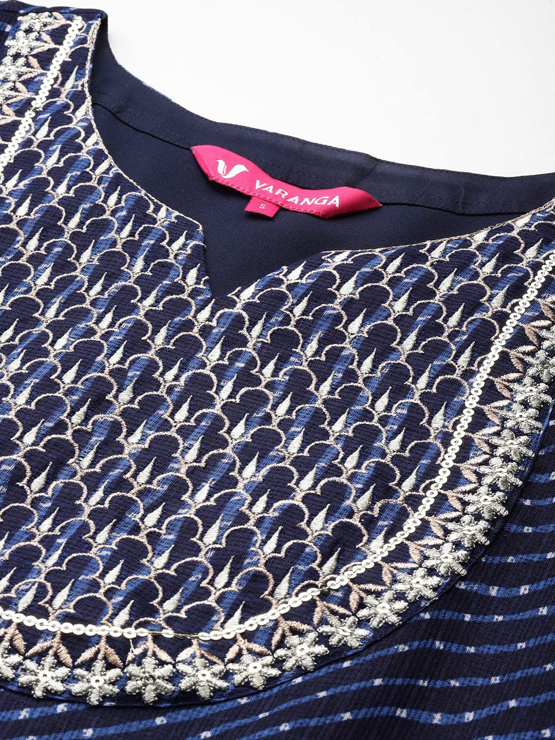 The Kurti Collection Women Navy Blue Leheriya Printed Yoke Embroidered Straight Kurta With Trousers