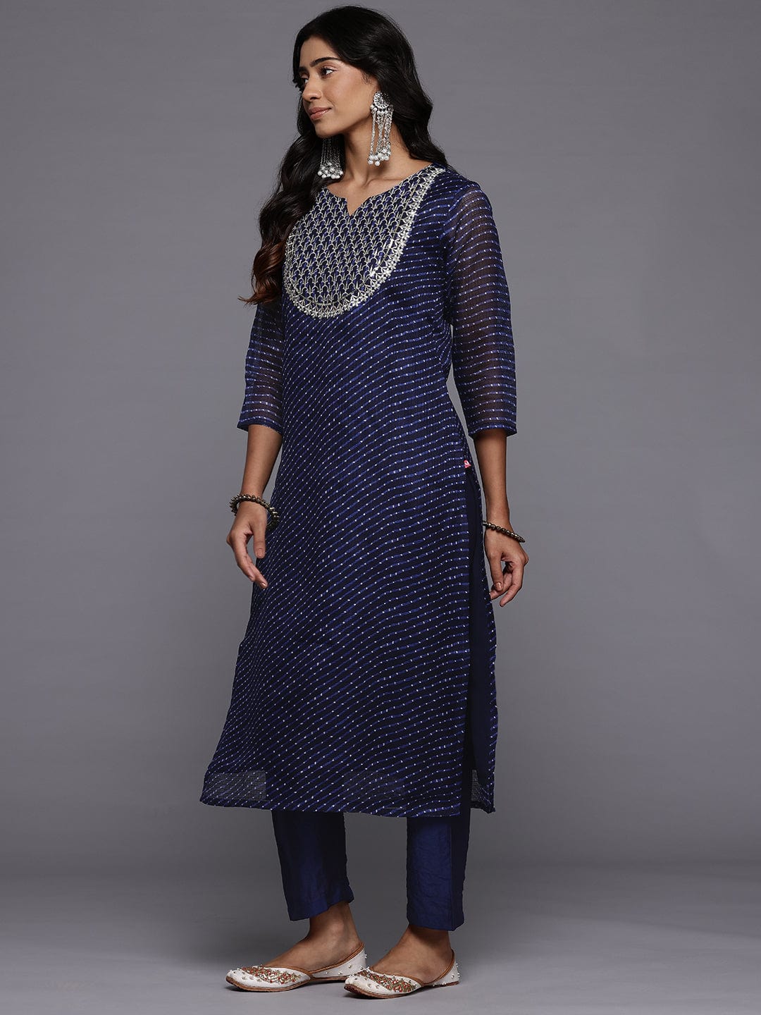 The Kurti Collection Women Navy Blue Leheriya Printed Yoke Embroidered Straight Kurta With Trousers