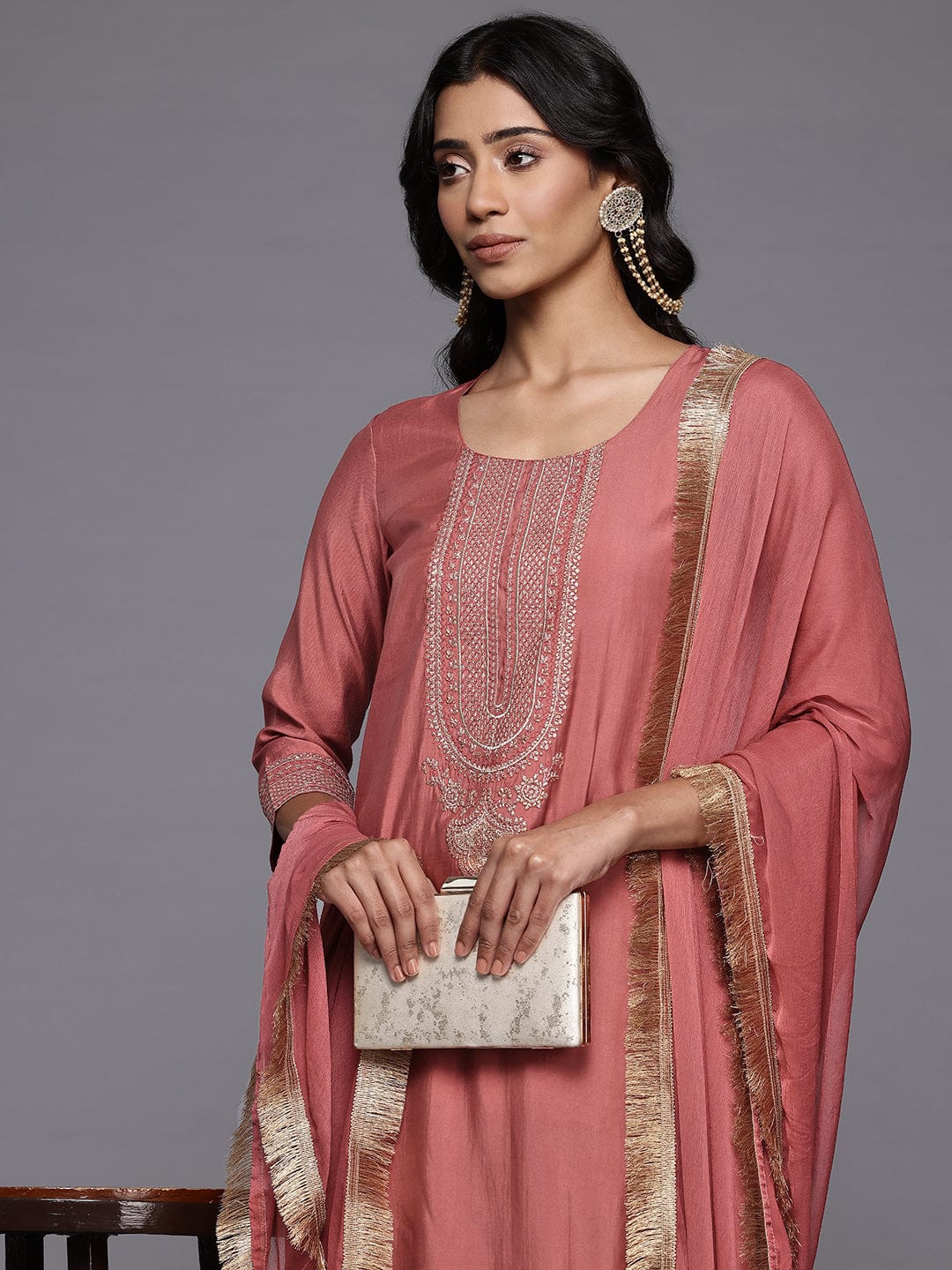 The Kurti Collection Women Coral Zari Embroidered Straight Kurta With Trousers And Fringed Dupatta