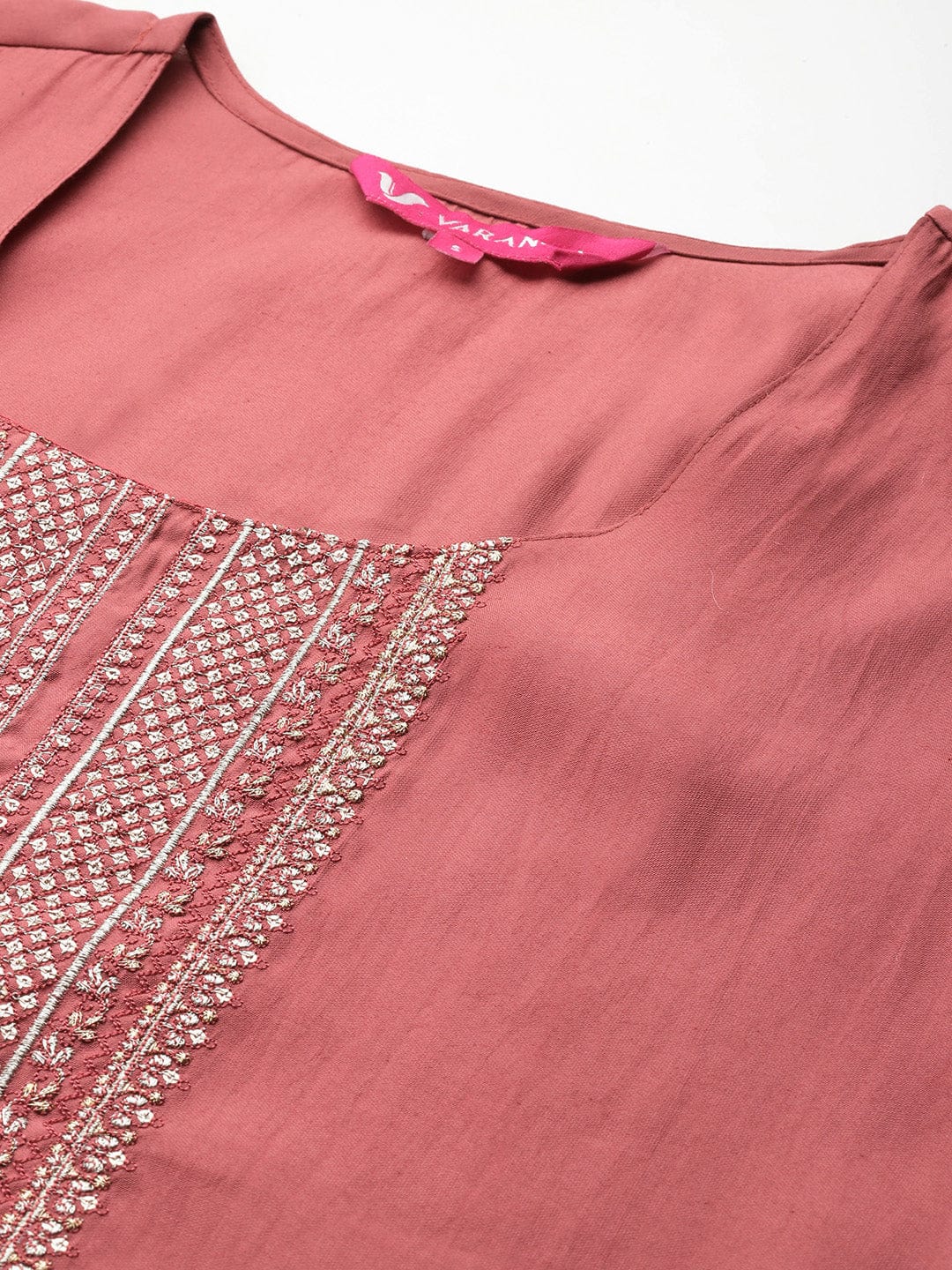 The Kurti Collection Women Coral Zari Embroidered Straight Kurta With Trousers And Fringed Dupatta