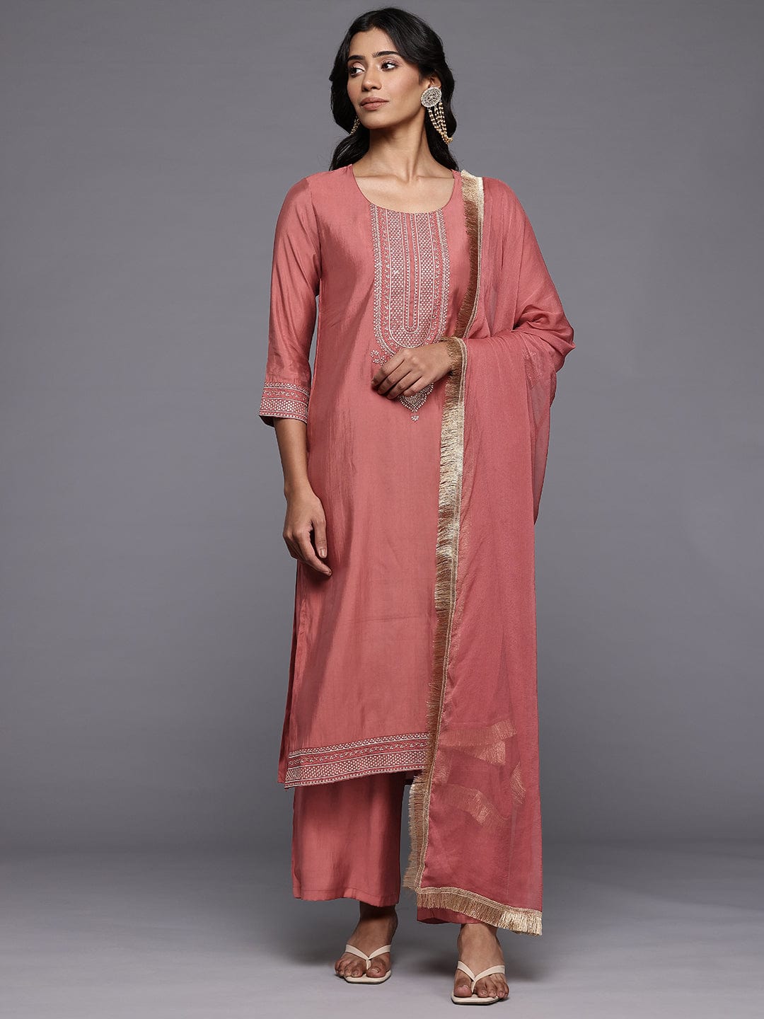 The Kurti Collection Women Coral Zari Embroidered Straight Kurta With Trousers And Fringed Dupatta