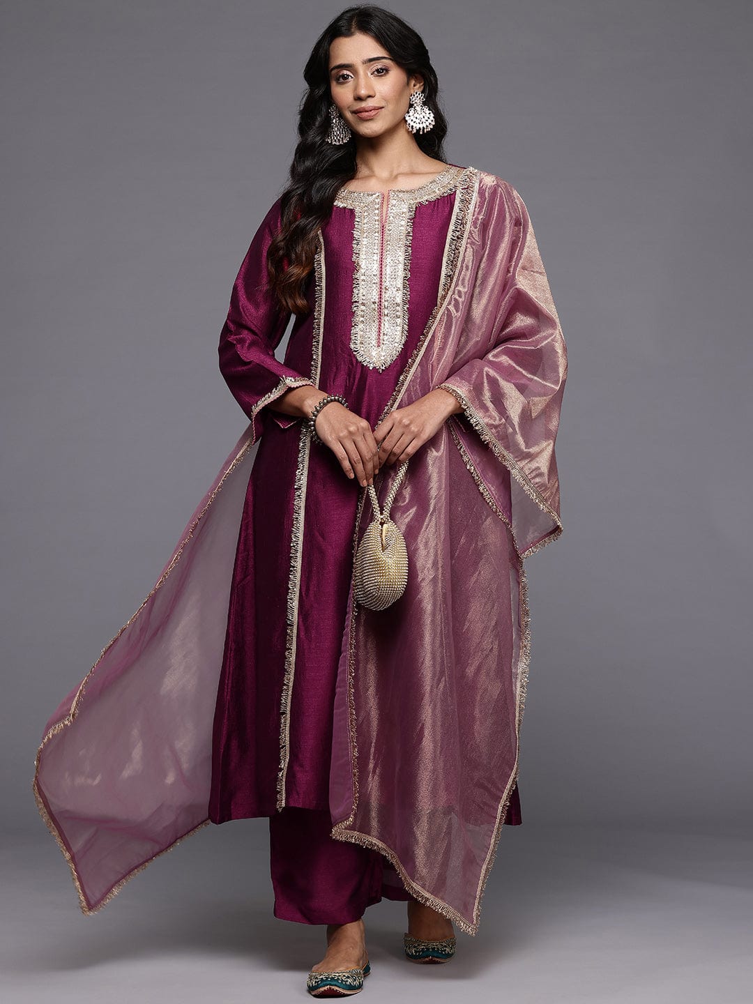 The Kurti Collection Women Wine Zari Lace Embellished Anarkali Kurta With Trousers And Tissue Dupatta