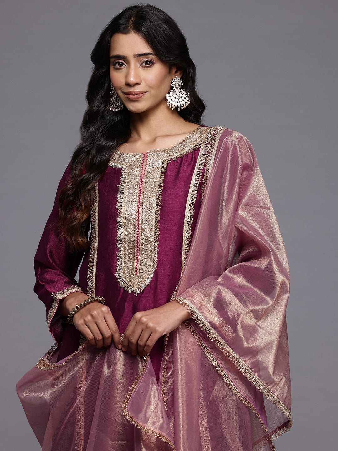 The Kurti Collection Women Wine Zari Lace Embellished Anarkali Kurta With Trousers And Tissue Dupatta