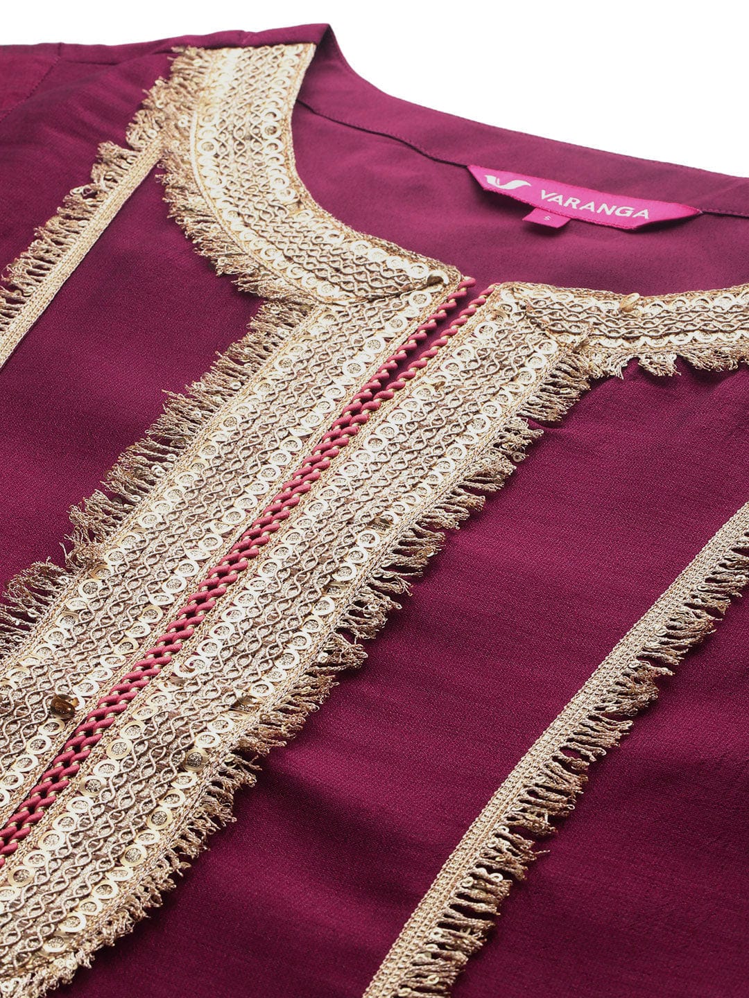 The Kurti Collection Women Wine Zari Lace Embellished Anarkali Kurta With Trousers And Tissue Dupatta