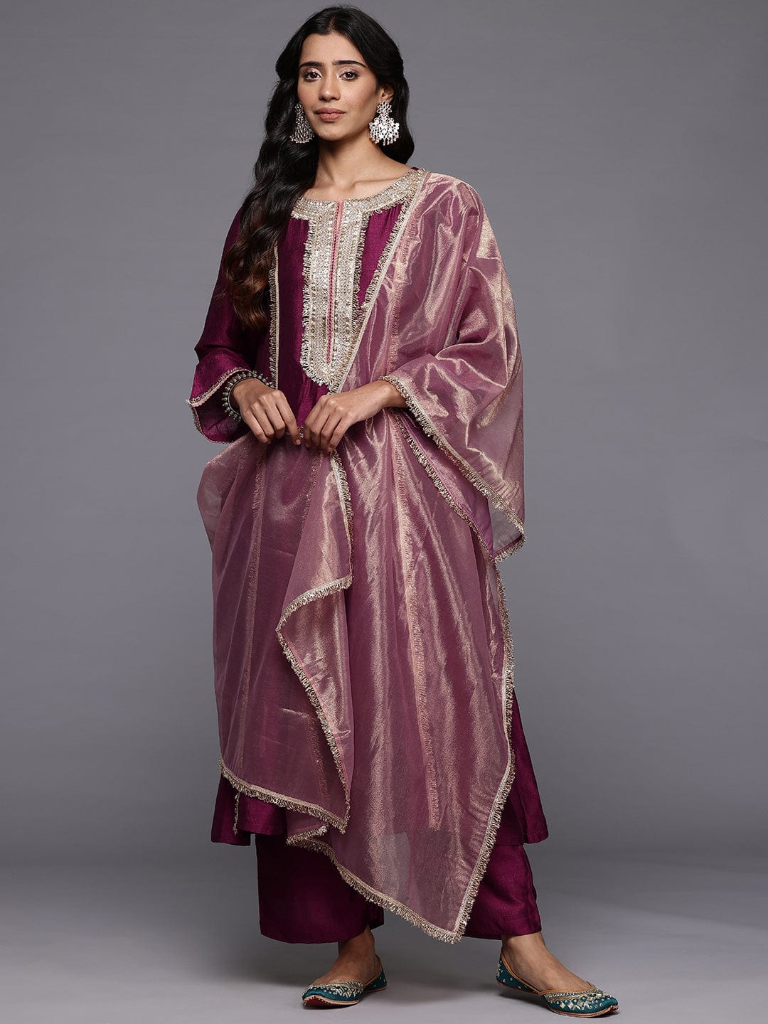The Kurti Collection Women Wine Zari Lace Embellished Anarkali Kurta With Trousers And Tissue Dupatta
