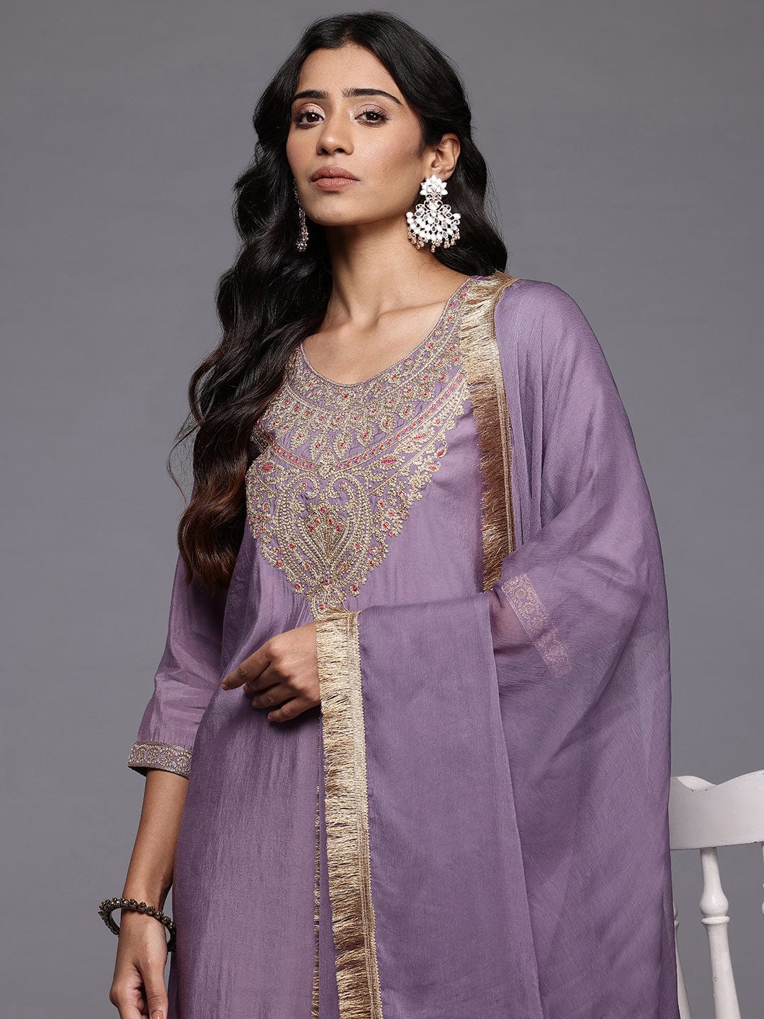 The Kurti Collection Women Lavender Zari Embroidered Straight Kurta With Trousers And Fringed Dupatta
