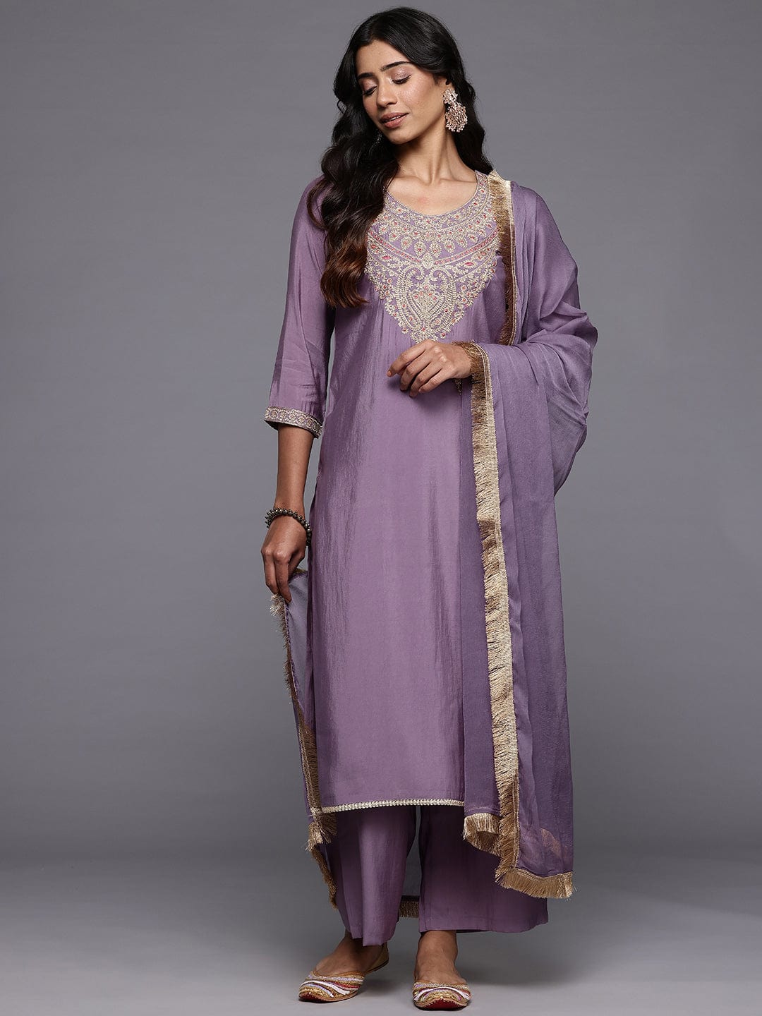 The Kurti Collection Women Lavender Zari Embroidered Straight Kurta With Trousers And Fringed Dupatta