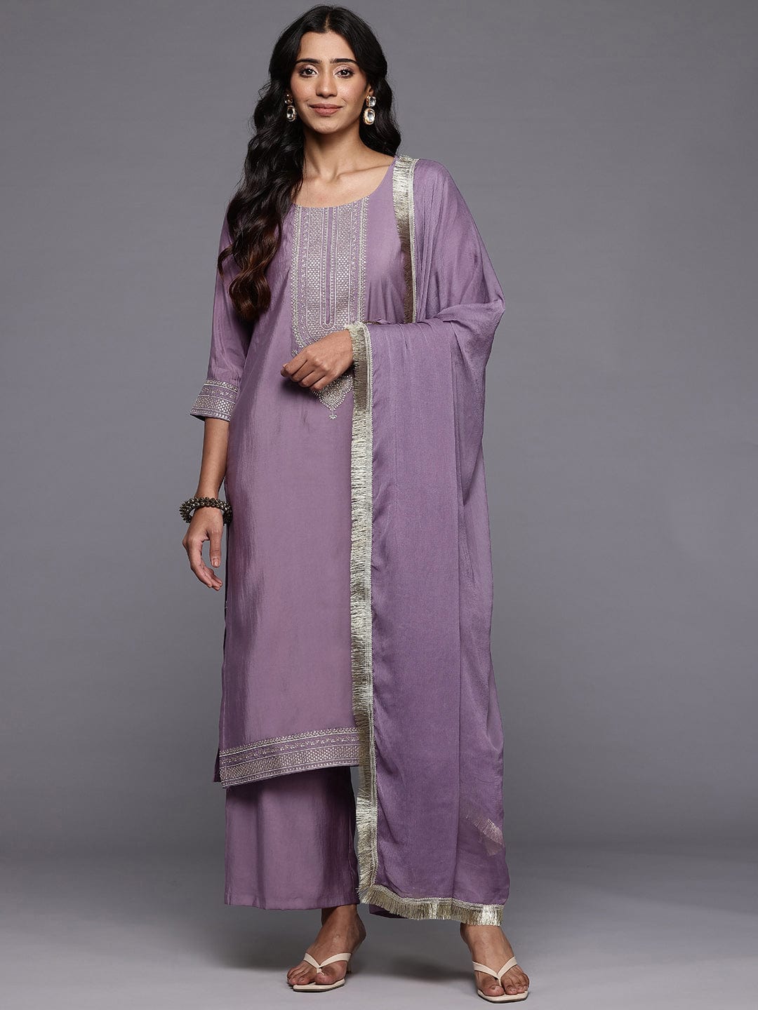 The Kurti Collection Women Lavender Zari Embroidered Straight Kurta With Trousers And Fringed Dupatta