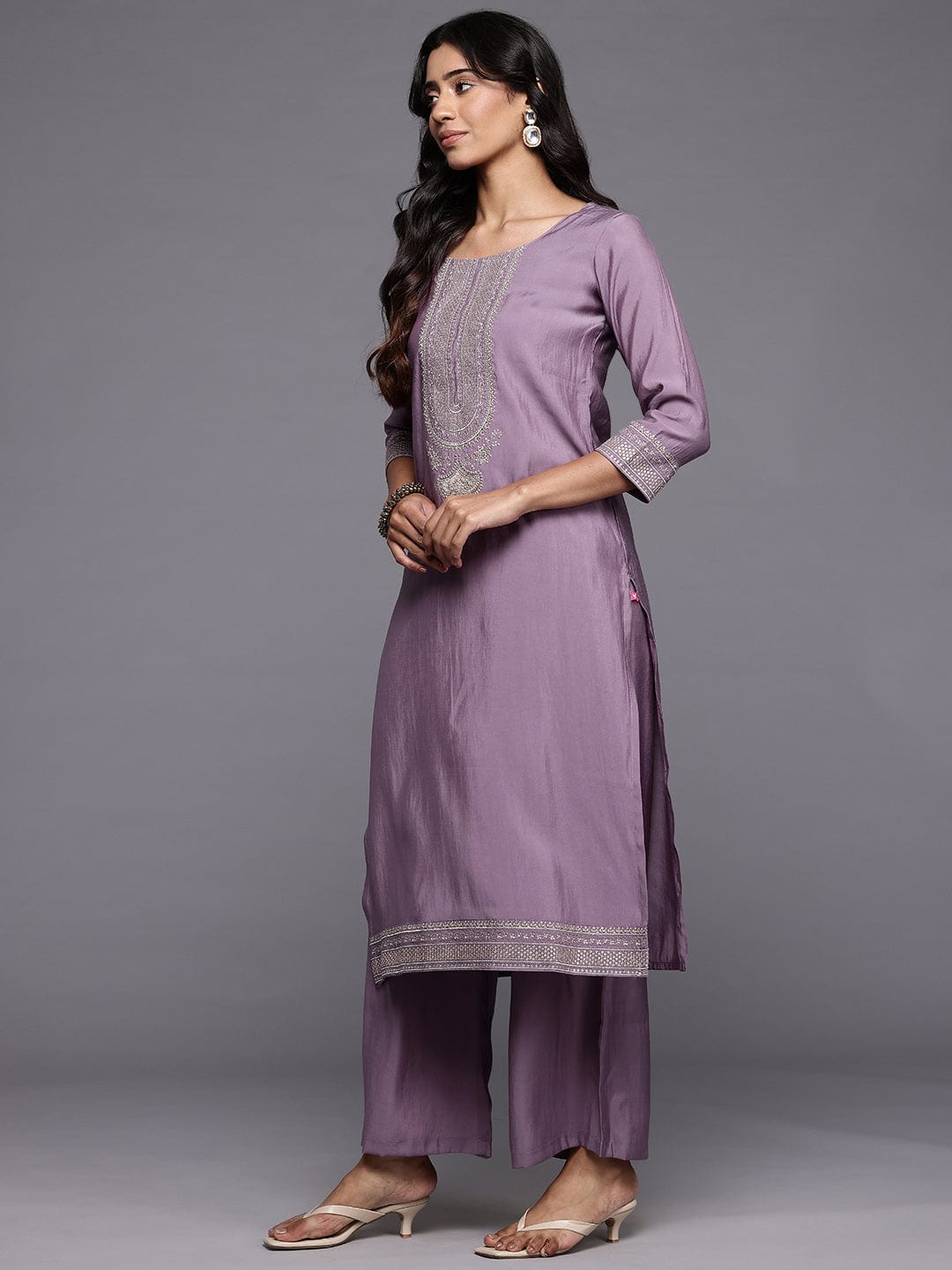 The Kurti Collection Women Lavender Zari Embroidered Straight Kurta With Trousers And Fringed Dupatta