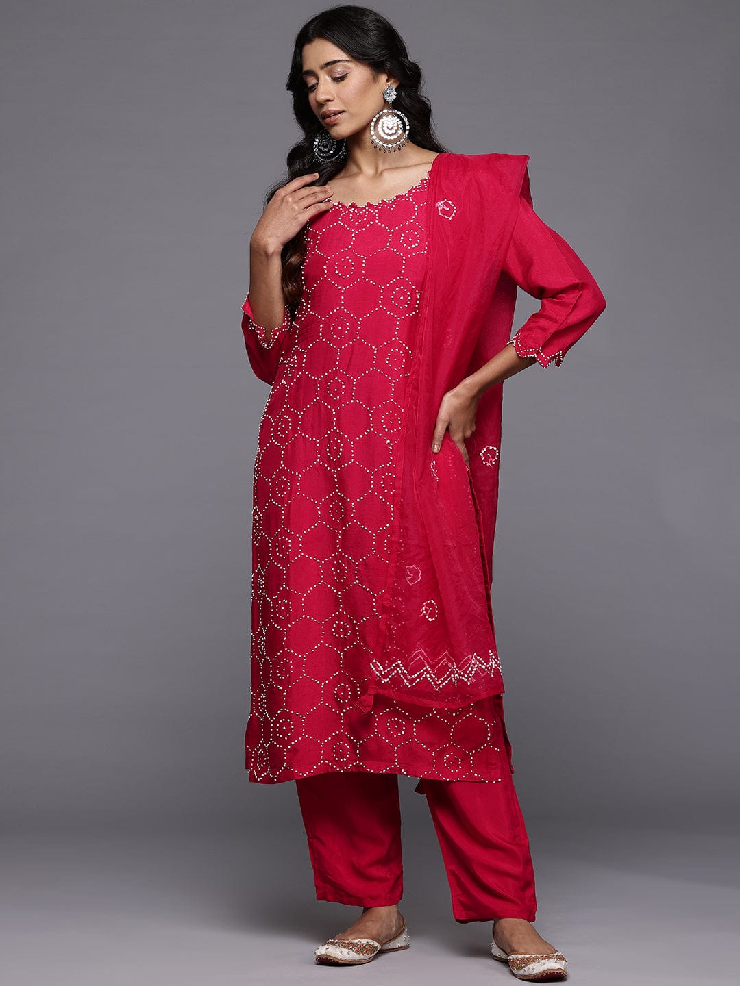 The Kurti Collection Women Hand Embroidered French Knot Kurta With Tonal Bottom And Embroidered Dupatta