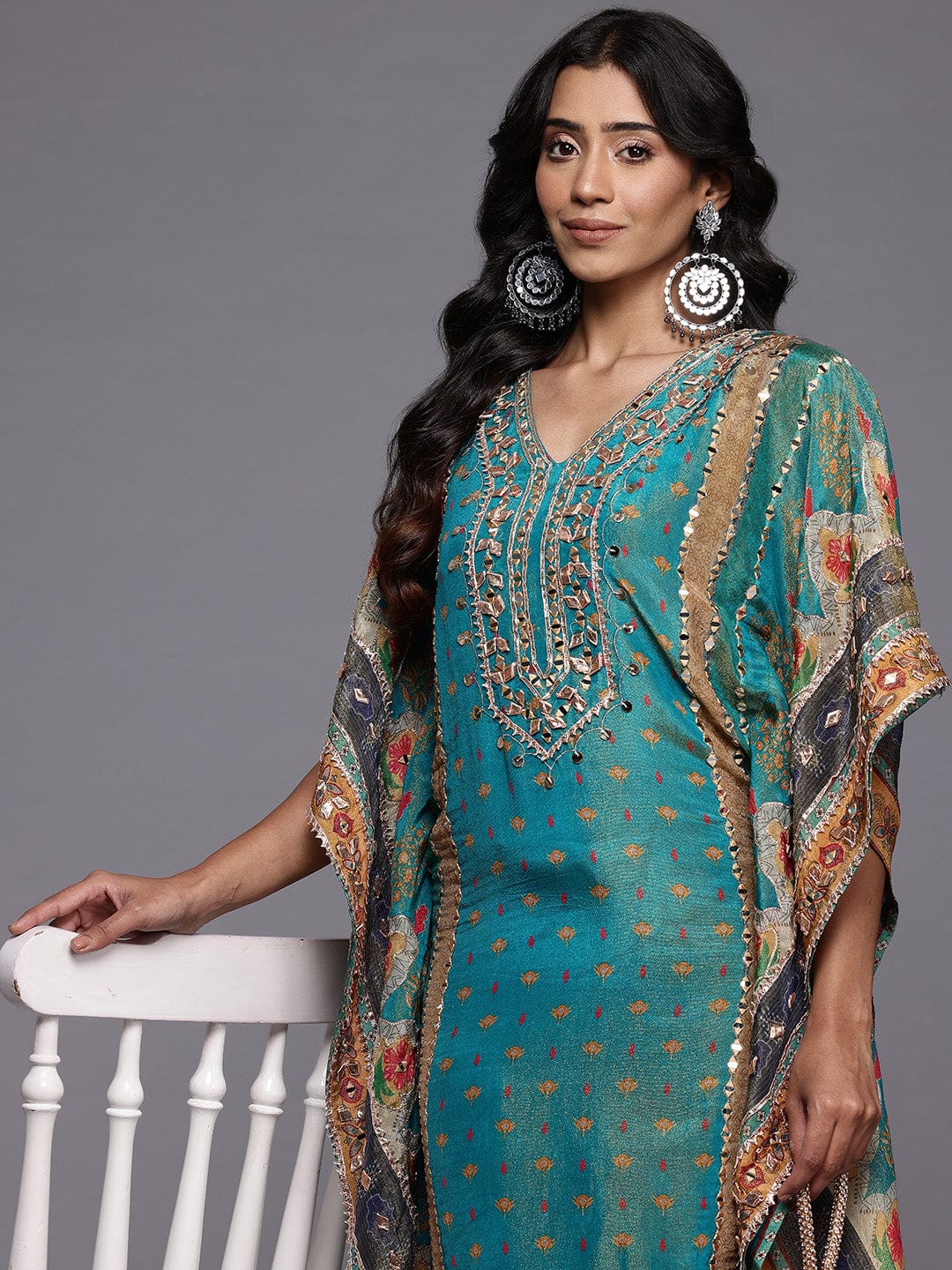 The Kurti Collection Women Teal Blue Pure Silk Gotta And Mirror Work Kaftan With Tulip Pants