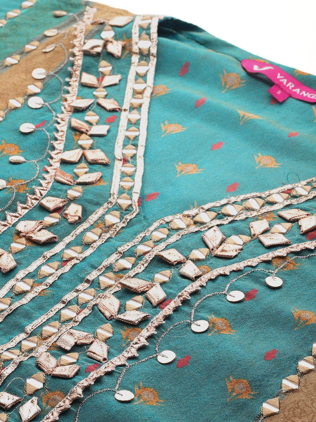 The Kurti Collection Women Teal Blue Pure Silk Gotta And Mirror Work Kaftan With Tulip Pants