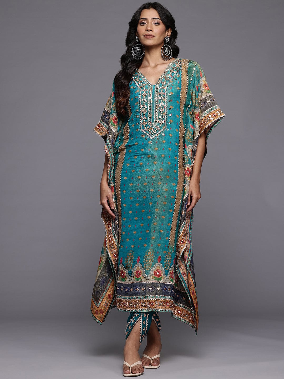 The Kurti Collection Women Teal Blue Pure Silk Gotta And Mirror Work Kaftan With Tulip Pants