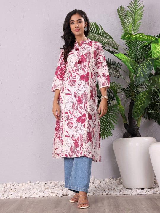 The Kurti Collection Floral Printed Mandarin Collar Panelled Cotton A-Line Kurta