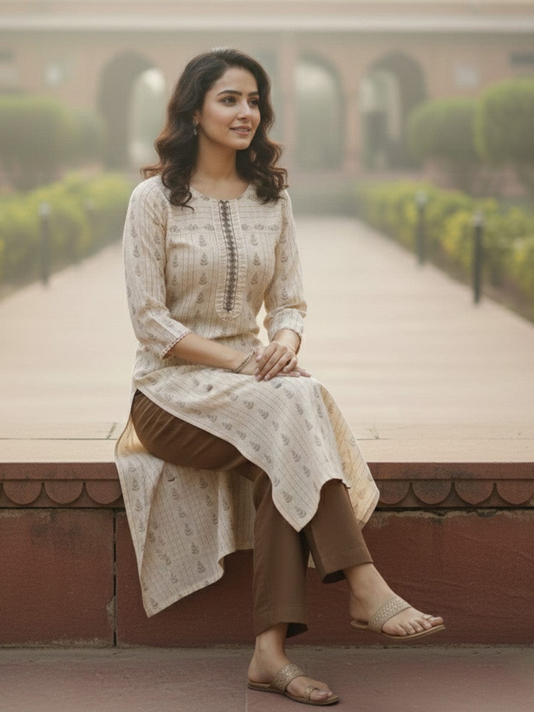 The Kurti Collection women's beige and brown woven kurta set with delicate emb. and 3/4 sleeves.