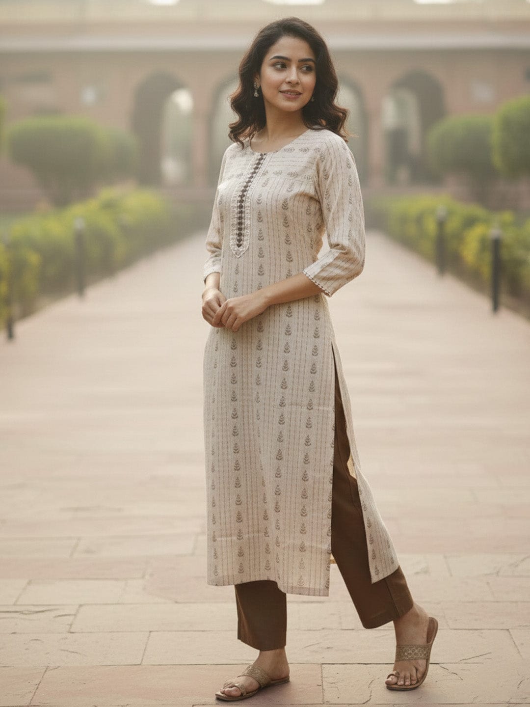 The Kurti Collection women's beige and brown woven kurta set with delicate emb. and 3/4 sleeves.
