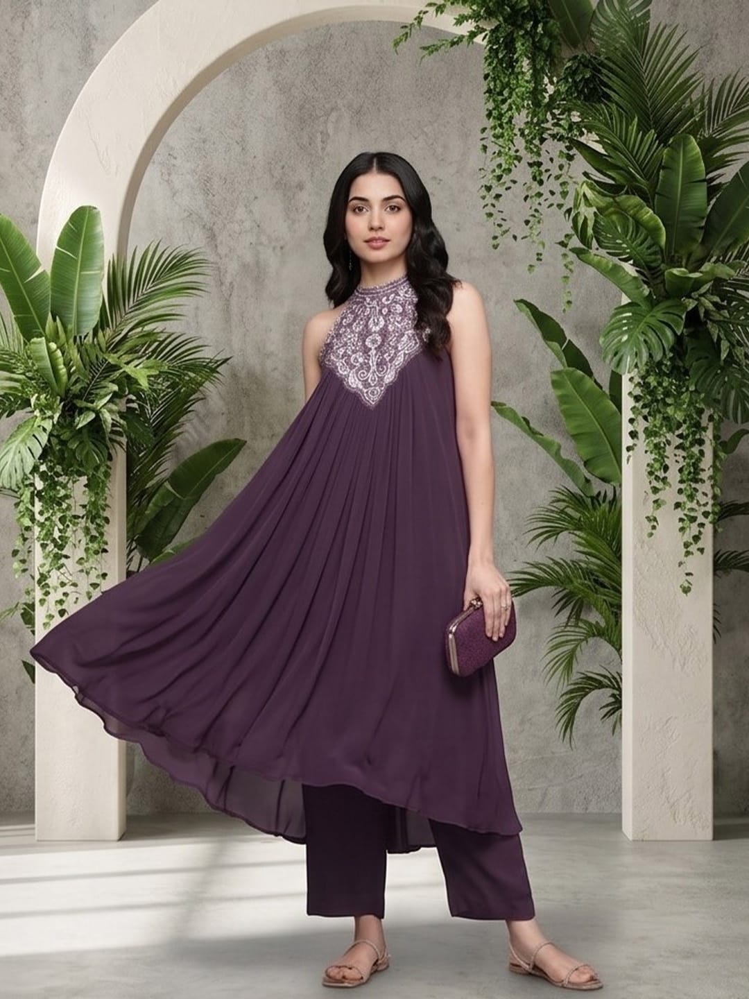 The Kurti Collection Women Purple Embroidered Sleeveless Flared Kurta Paired With Tonal Bottom