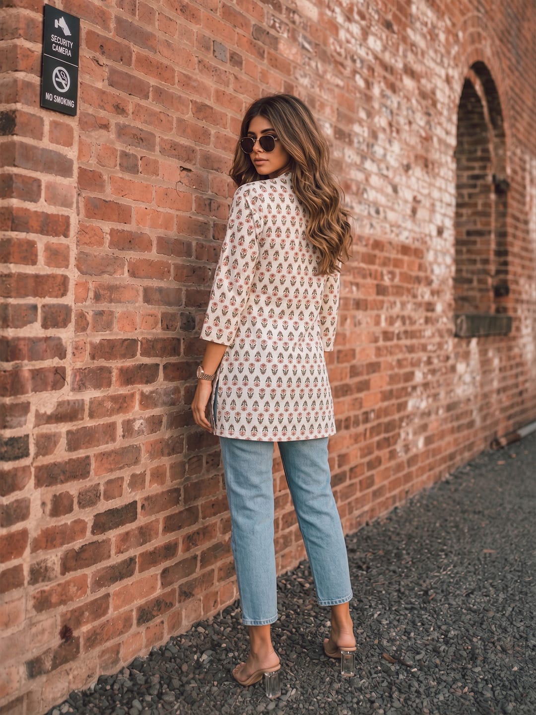 Women's Off-White Floral Block Print Tunic Top