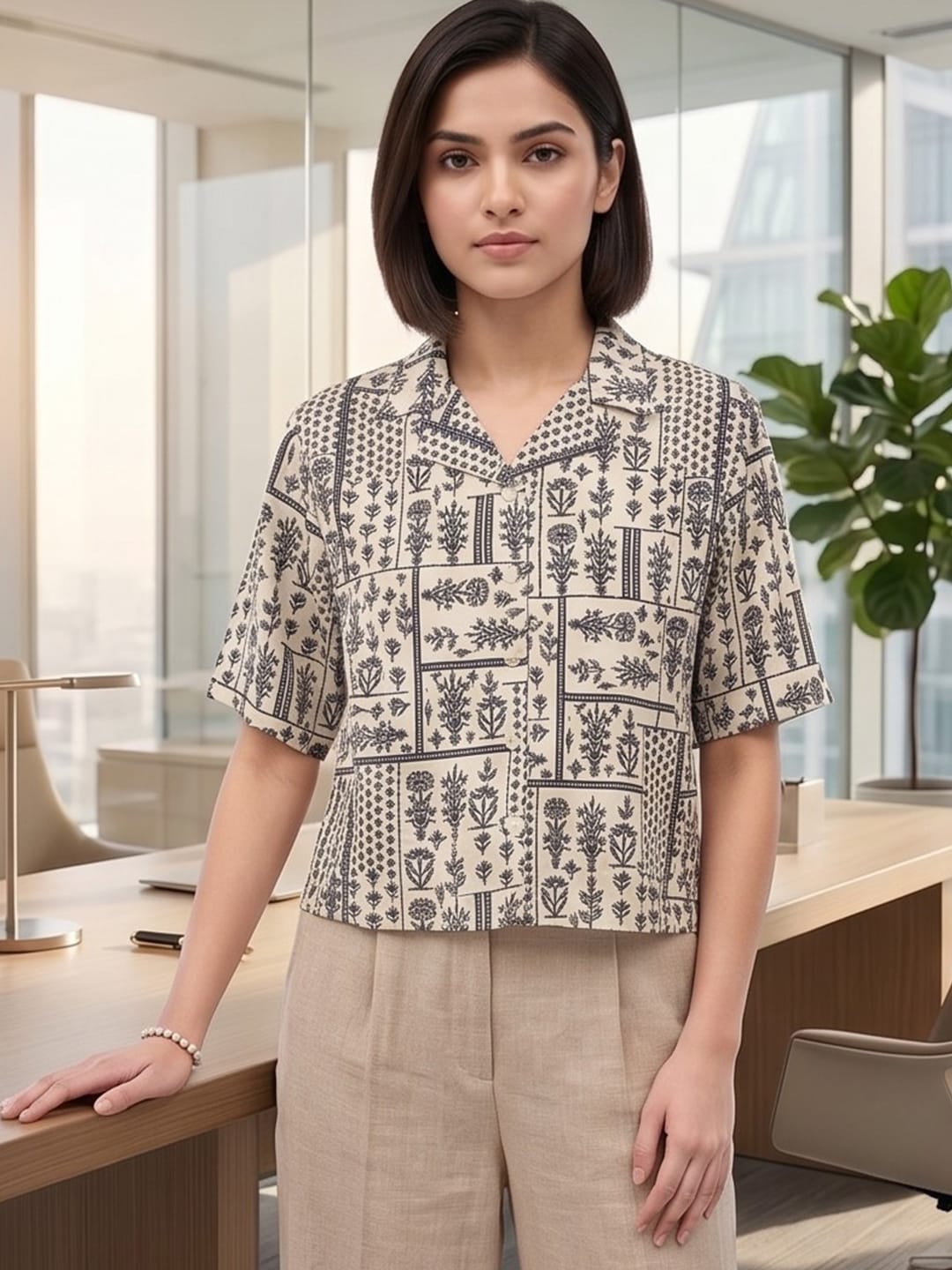 Beige Coloured Short Sleeves Shirt Collar Top