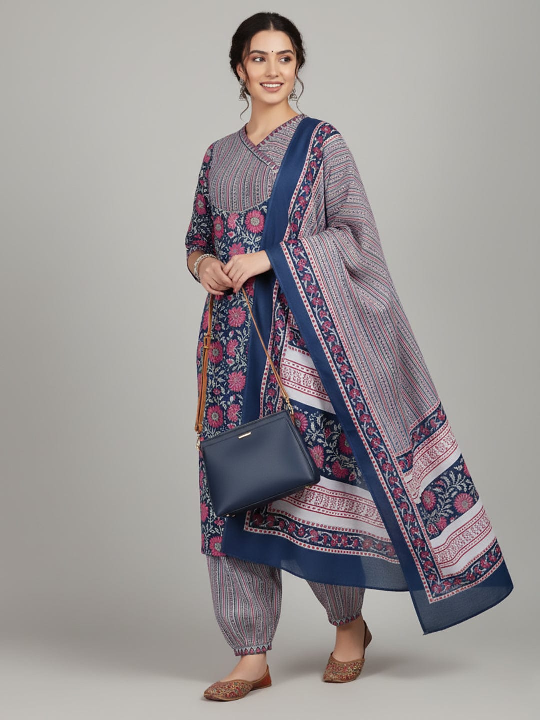 The Kurti Collection Women Ethnic Floral Printed V Neck Kurta With Stripper Trouser & Dupatta