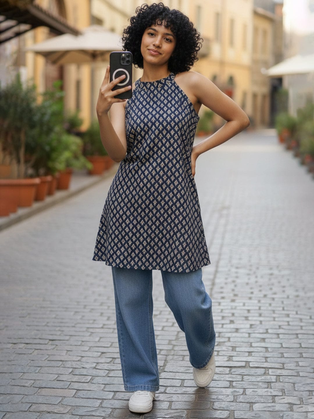 The Kurti Collection Navy Blue Stylish Open-Back Short Kurti with Ajrakh Print