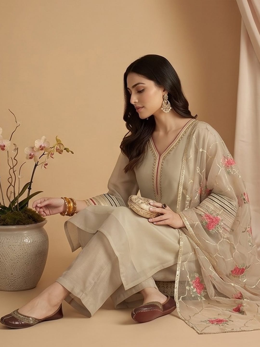 Varanga Women Three-Piece Set Featuring A Shimmer-Detailed Grey Kurta, Solid Ankle-Length Trousers, And An Embroidered Net Dupatta