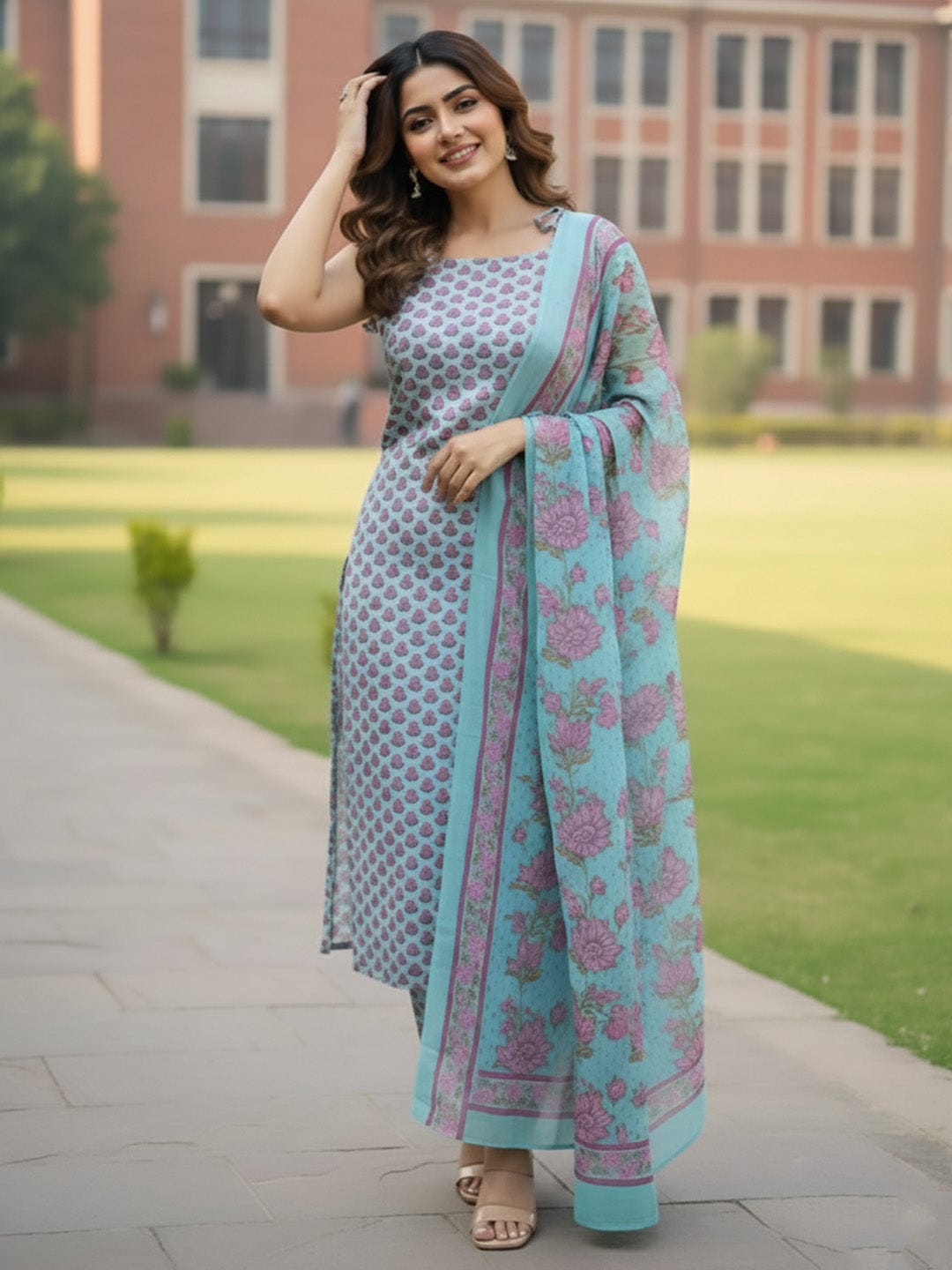 Floral Print Cotton Kurta Set with printed Dupatta