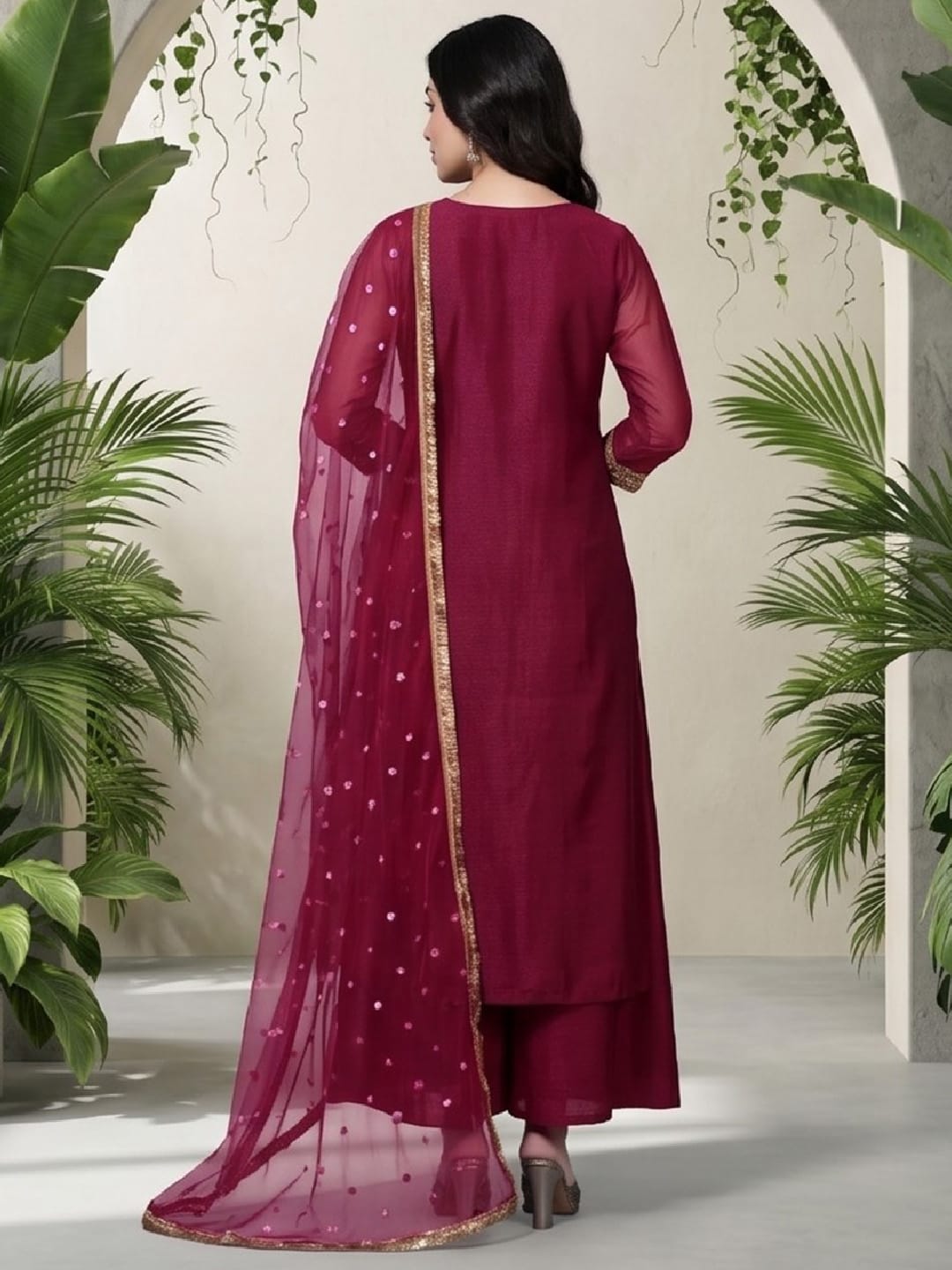 The Kurti Collection Women Fuchsia Lace Embellished Sleeveless Straight Kurta Paired With Tonal Plazzo And Dupatta