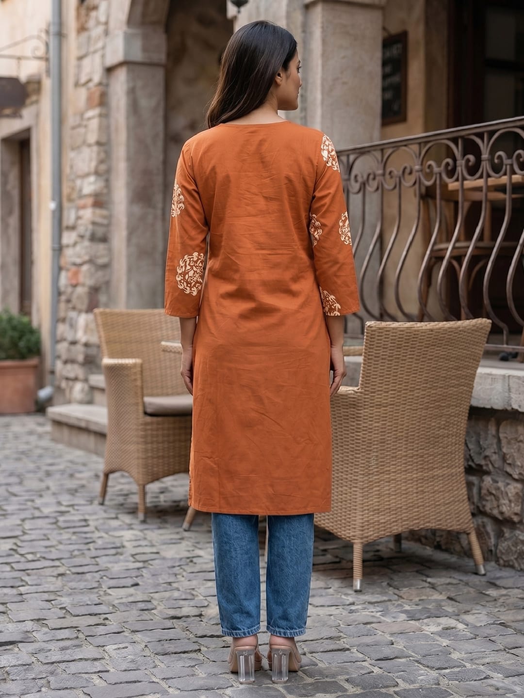 Rust Straight Kurta with Embroidered Yoke
