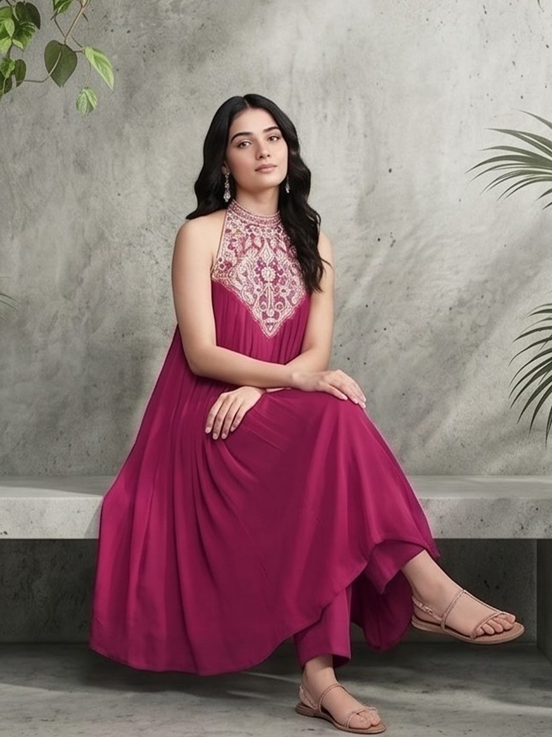 The Kurti Collection Women Fushcia Embroidered Sleeveless Flared Kurta Paired With Tonal Bottom