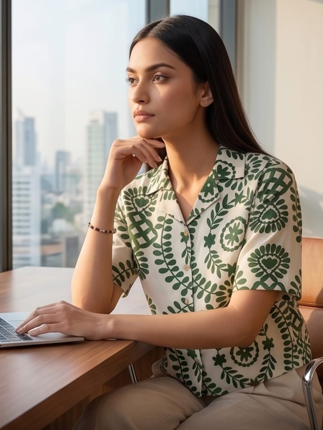 Green Coloured Short Sleeves Shirt Collar Top