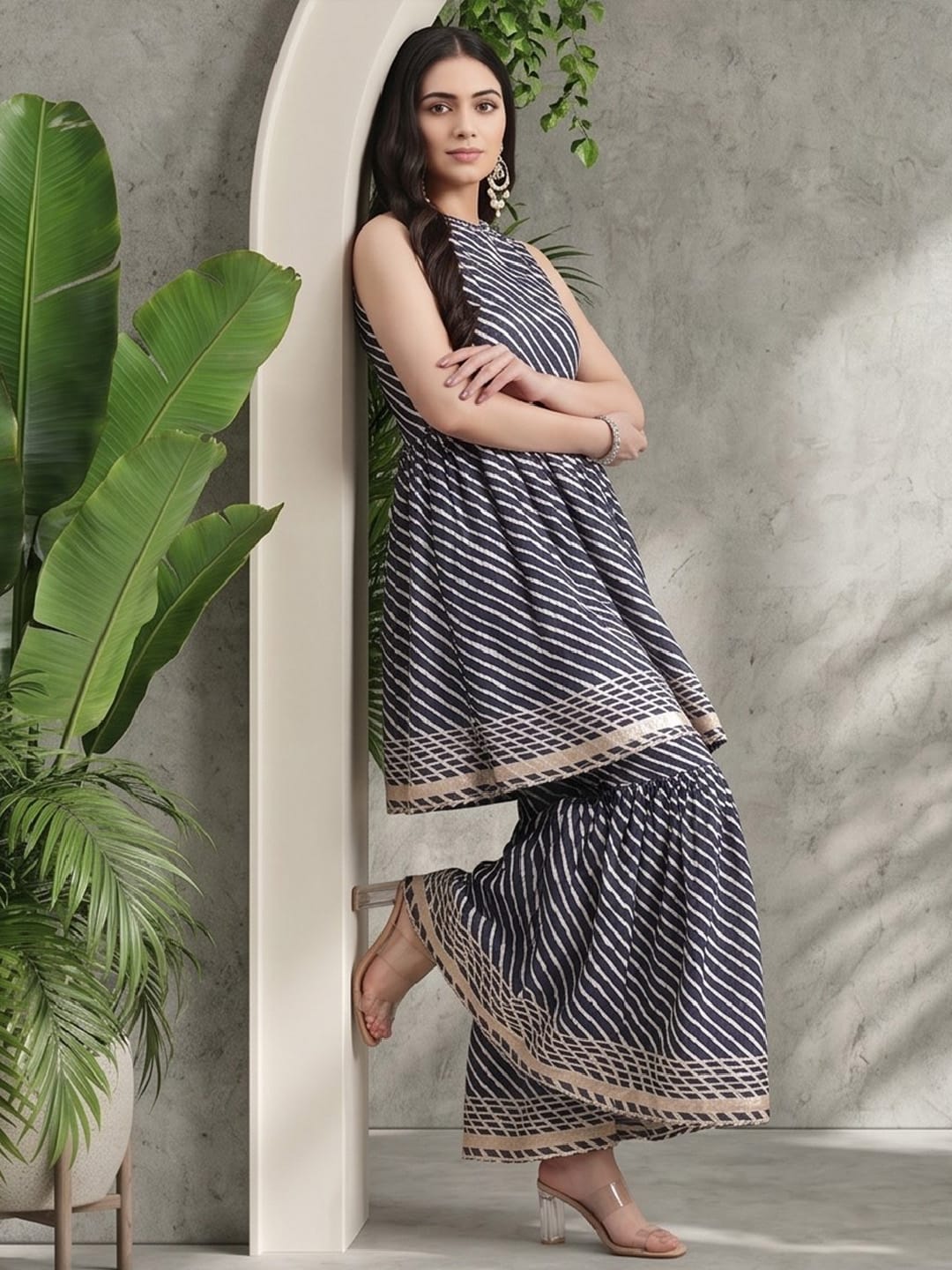 Varanga Blue And White Leheriya Halter Neckline Gota Work Kurta With Sharara And Sequins Emebllished Dupatta.